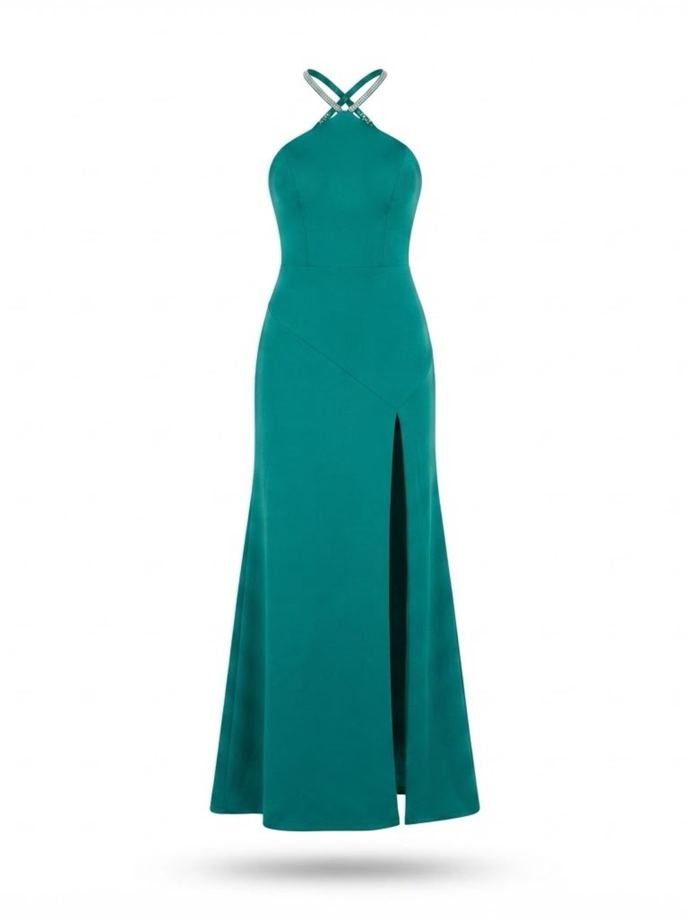 Teal Green Halter rhinestones straps Maxi Dress with thigh High Front Slit